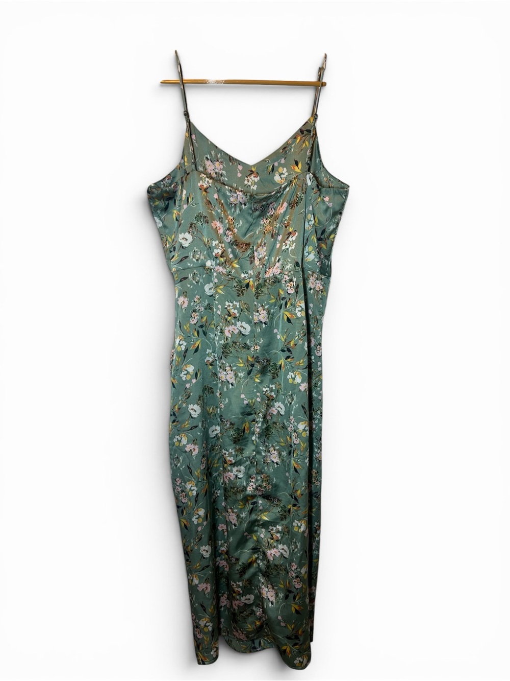 Willow & Root Green Floral Drawstring Ruched Midi‎ Slip Dress Feminine Romantic
